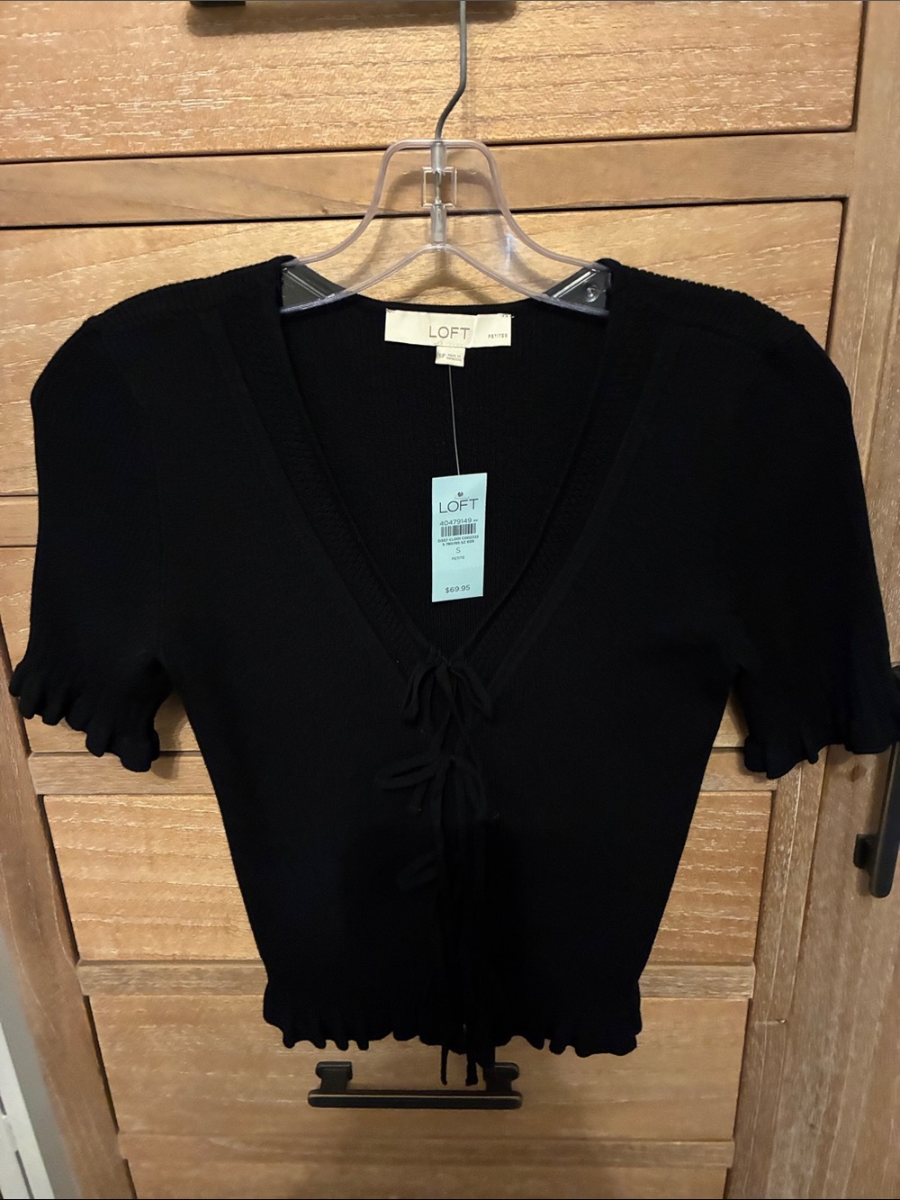 LOFT Petite Black Short Sleeve Tie-Front Knit Top